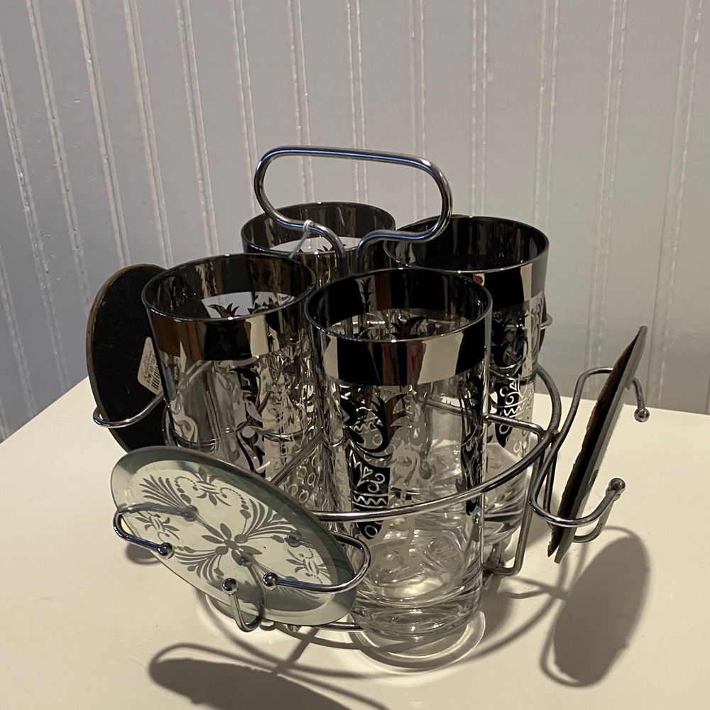 MCM KIMIKO “Guardian Crest” Silver Rim Highball Glasses & Coaster Set in Carrier